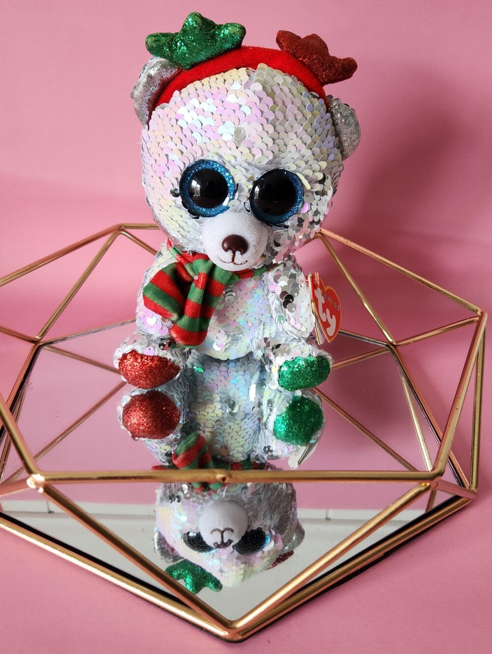 Ty Mistletoe Sparkle Sequin Holiday Polar Bear Plushie - White with Red & Green